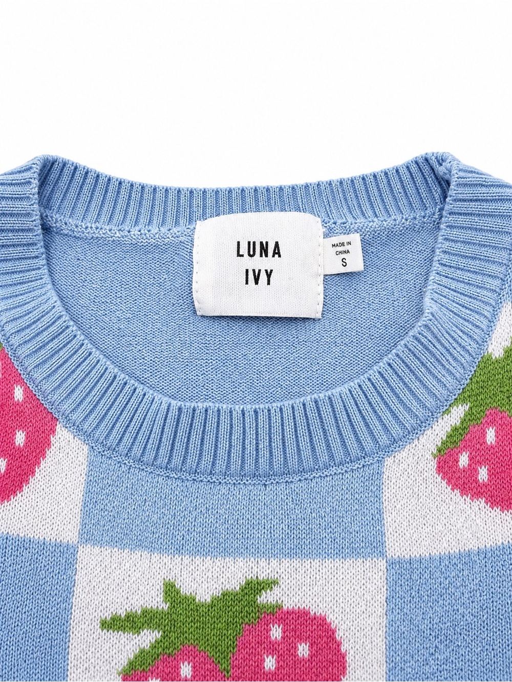 Luna Ivy Strawberry Sweater Vest Size Small Blue Checkered Knit Cottagecore - Picture 5 of 10